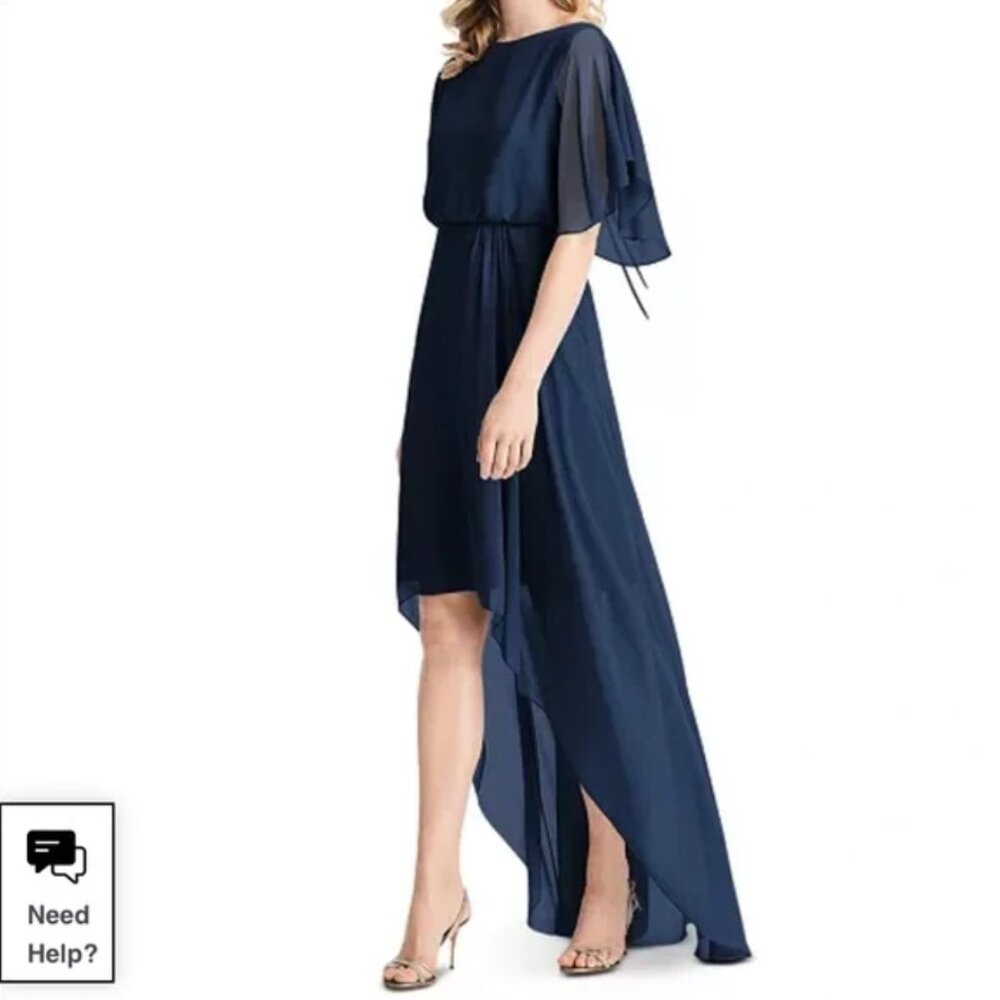 Jenny Packham Flutter Sleeve High/Low Chiffon Gown (Navy blue bridesmaid)
